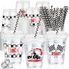 FoldTier 50 Pcs Checkered Racing Party Plastic Cup 12 oz Checkered Flag Thick Transparent Cup Black and White Cups Race Car Birthday Party Supplies for Racecar Sports Themed view 1