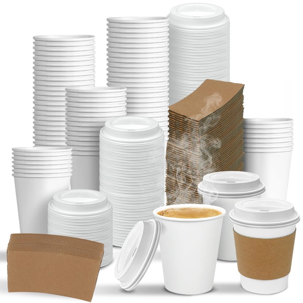Ginkgo 100 Pack 8 oz Thickened Paper Coffee Cups with White Lids and Sleeves, Disposable To Go Coffee Cups for Espresso Coffee, Hot Chocolate and Cocoa