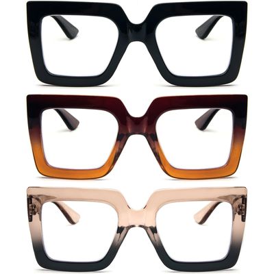 REAVEE 3 Pack Oversized Reading Glasses for Women Large Frame Extra Wide, Blue Light Blocking Readers Stylish Square Thick Eyewear, Black+Brown Orange+Tea Black, 2.75