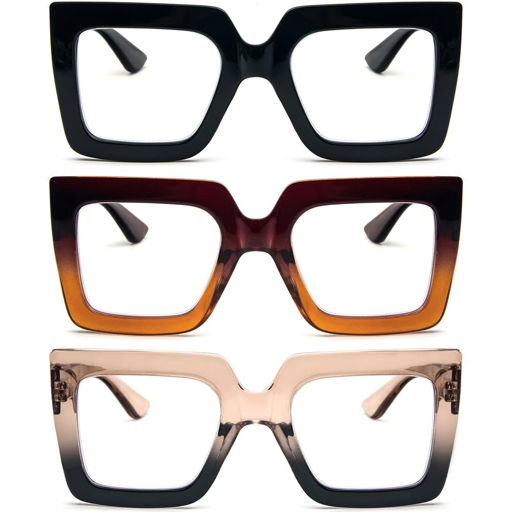 REAVEE 3 Pack Oversized Reading Glasses for Women Large Frame Extra Wide, Blue Light Blocking Readers Stylish Square Thick Eyewear, Black+Brown Orange+Tea Black, 2.75