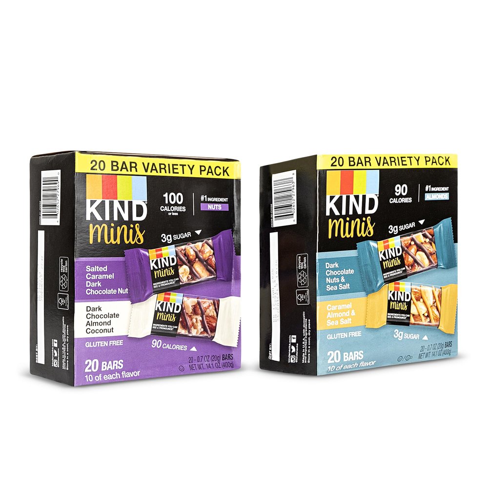 KIND Minis, Variety of Variety 1 Salted Caramel Dark Chocolate Nut/Dark Chocolate Almond Coconut (Pack of 20) 1, Dark Chocolate Nuts & Sea Salt/Caramel Almond & Sea Salt (Pack Of 20) Ilios Packaging