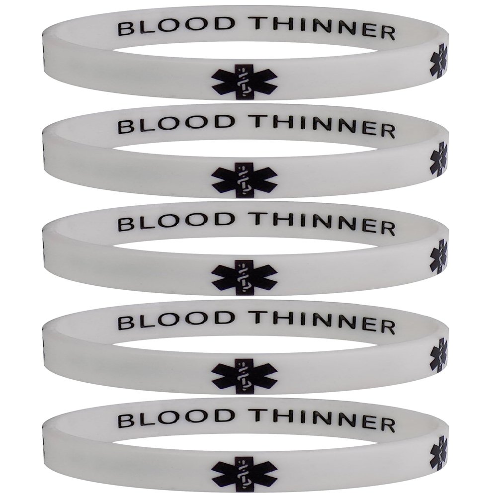 Blood THINNER Medical Alert ID Privacy Enhanced Silicone Bracelets White 5 Pack