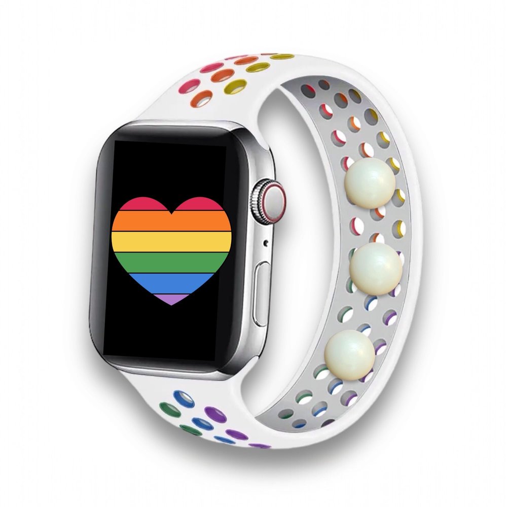 AcuBracelet Motion Sickness Watch Band for Nausea Acupressure Strap for Balance, Stress, and Focus Compatible with Apple Watch White Rainbow Waterproof Silicone Solo Loop (S 42/49)