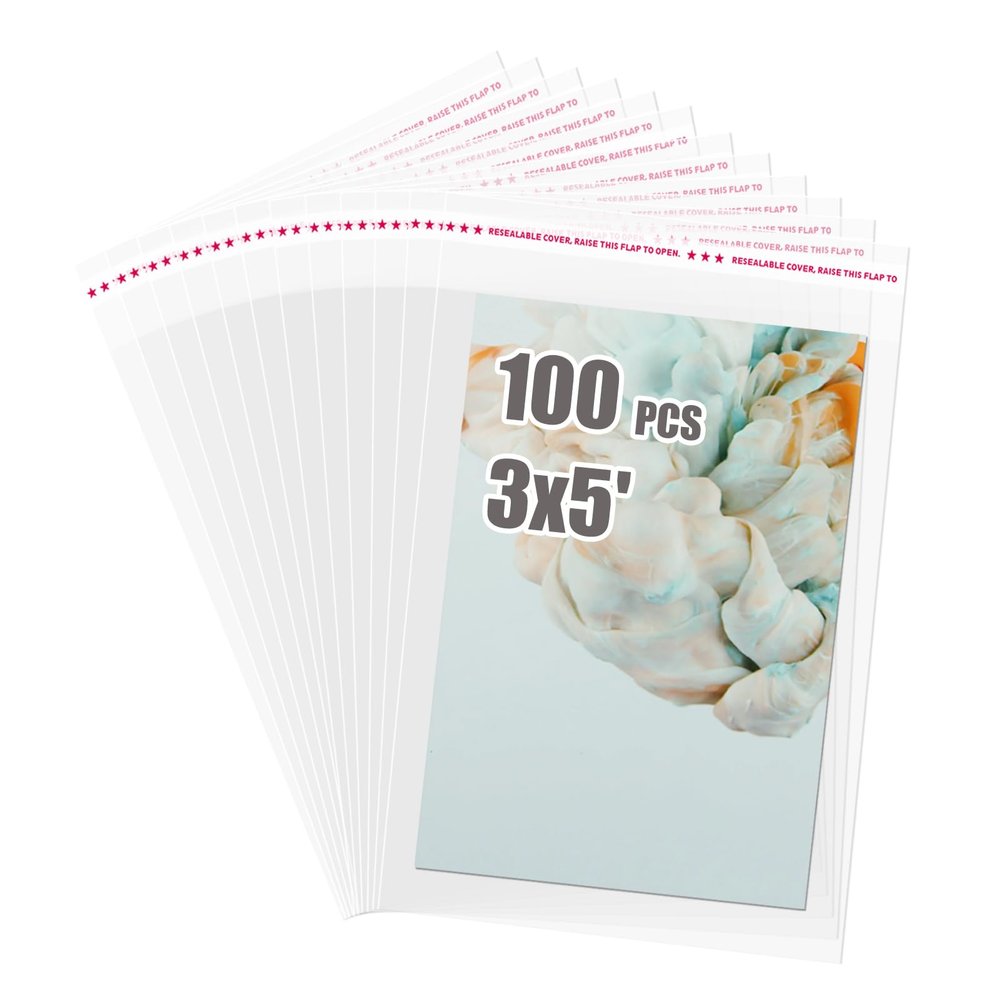 Egofine Self Sealing Cellophane Bags 100 PCS Clear Resealable Sleeves Bags for 3x5 Photo Mats (Bag Size: 3.15x5.12 inches for 3x5 Mats)