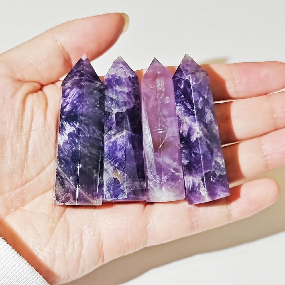 2.75"-3.14" Natural Healing Fluorite Crystals Wands Polishing Reiki Energy Stone Hexagonal Point Obelisk Large Gemstones for Meditation Therapy Grid Gifts (Amethyst/1.96-2.75inch 4pcs)
