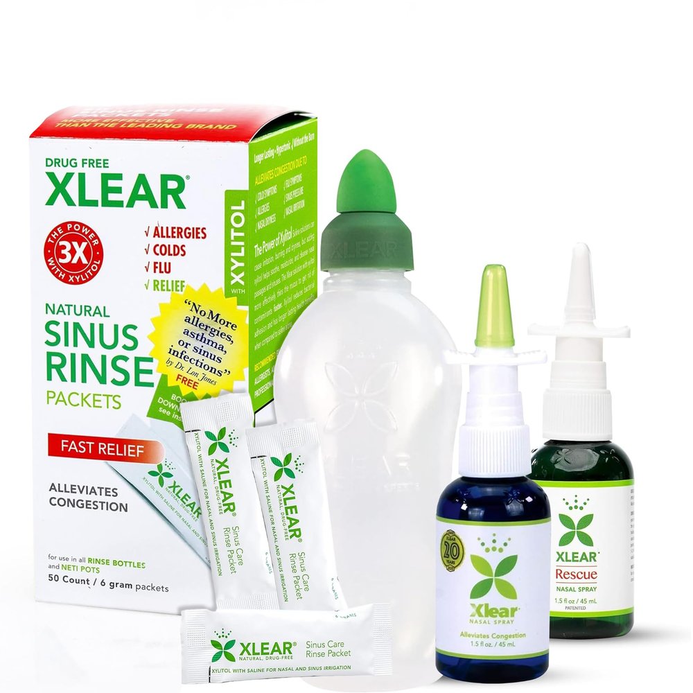 Xlear Dry Nose Relief Kit, All Day Dry Nose Rescue Kit Including Xlear Nasal Spray with Xylitol, Xlear Rescue Nasal Spray, Xlear Nasal Rinse Neti Pot and 50 Refill Packets