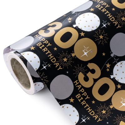 WRAPAHOLIC 30th Birthday Wrapping Paper - Mini Roll - 17 Inch x 33 Feet - Black Gold Balloon Design for Birthday, Party, Holiday