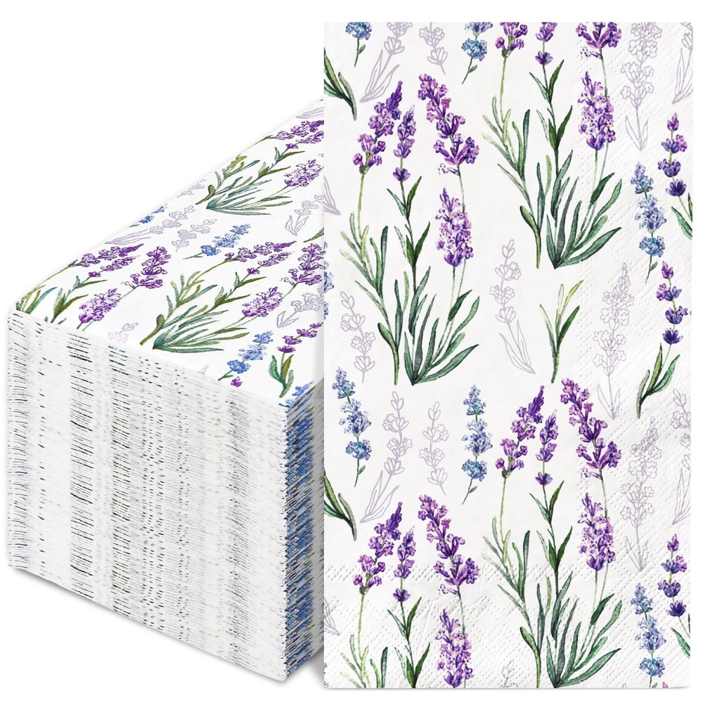 100Pcs Floral Guest Napkins Purple Lavender Flower Paper Napkins Watercolor Decorative Hand Towel Napkin for Bathroom Birthday Bridal Baby Shower Wedding