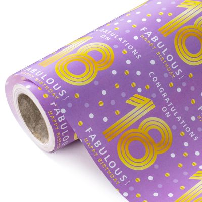 WRAPAHOLIC 18th Birthday Wrapping Paper - Mini Roll - 17 Inch x 33 Feet - Purple Gold Polka Dots Design for Birthday, Party, Holiday