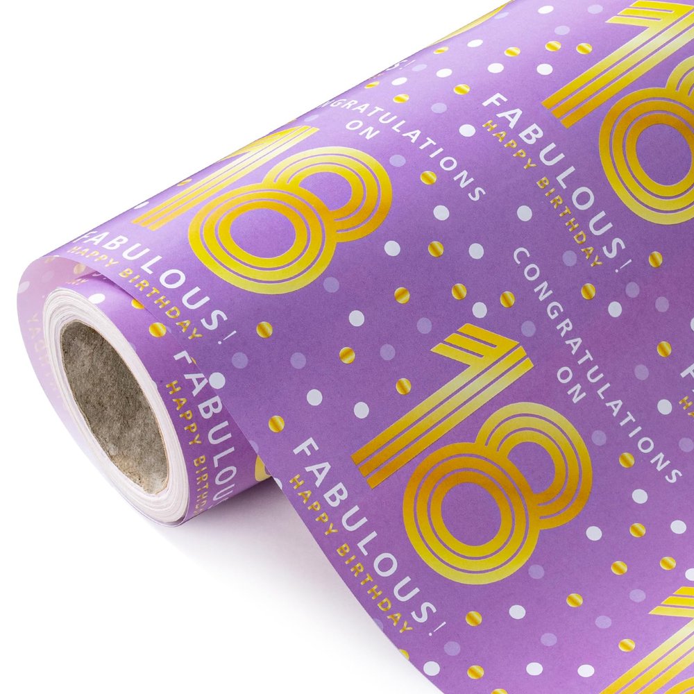 WRAPAHOLIC 18th Birthday Wrapping Paper - Mini Roll - 17 Inch x 33 Feet - Purple Gold Polka Dots Design for Birthday, Party, Holiday