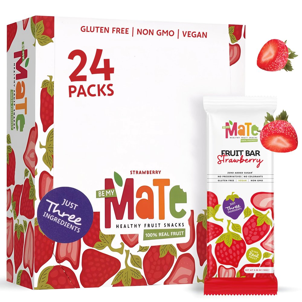 Mate Apple + Strawberry Healthy Snack, 100% Natural Real Fruit Bar & Gluten-Free & Vegan & Non GMO & Kosher - Zero Added Sugar, No Preservatives and No Colorant - 24 Pack