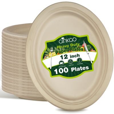 Ginkgo 100 Pack Oval Heavy Duty Paper Plates 12 Inch, Disposable Large Paper Plates Bulk for BBQ, Party, Picnic, Dessert, Thanksgiving and Every Day