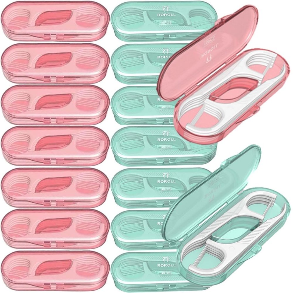 14 Packs Travel Dental Floss Pick Case, Holder, Come with 140pcs Premium QUALIALL Toothpick Flossers for Adults Teeth Cleaning, Sealed Portable Refillable, Green, Pink.