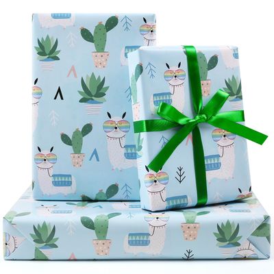 Cactus and Alpaca Wrapping Paper for Kids Women Men, 6 Sheets Cute Llama in Glasses Green Cactus Pattern Gift Wrap Paper with Ribbon, 20 x 30 inch Per Sheet Gift Paper for Birthday, Baby Shower