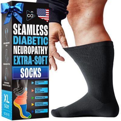 DR. GO Neuropathy Socks for Men [100% Seamless] Diabetic Socks with Non-Binding Top, Enhance Blood Circulation, Cushioned Protective Sole for Diabetic Foot, 4 Pairs in Black, Size 9-12 Crew Black