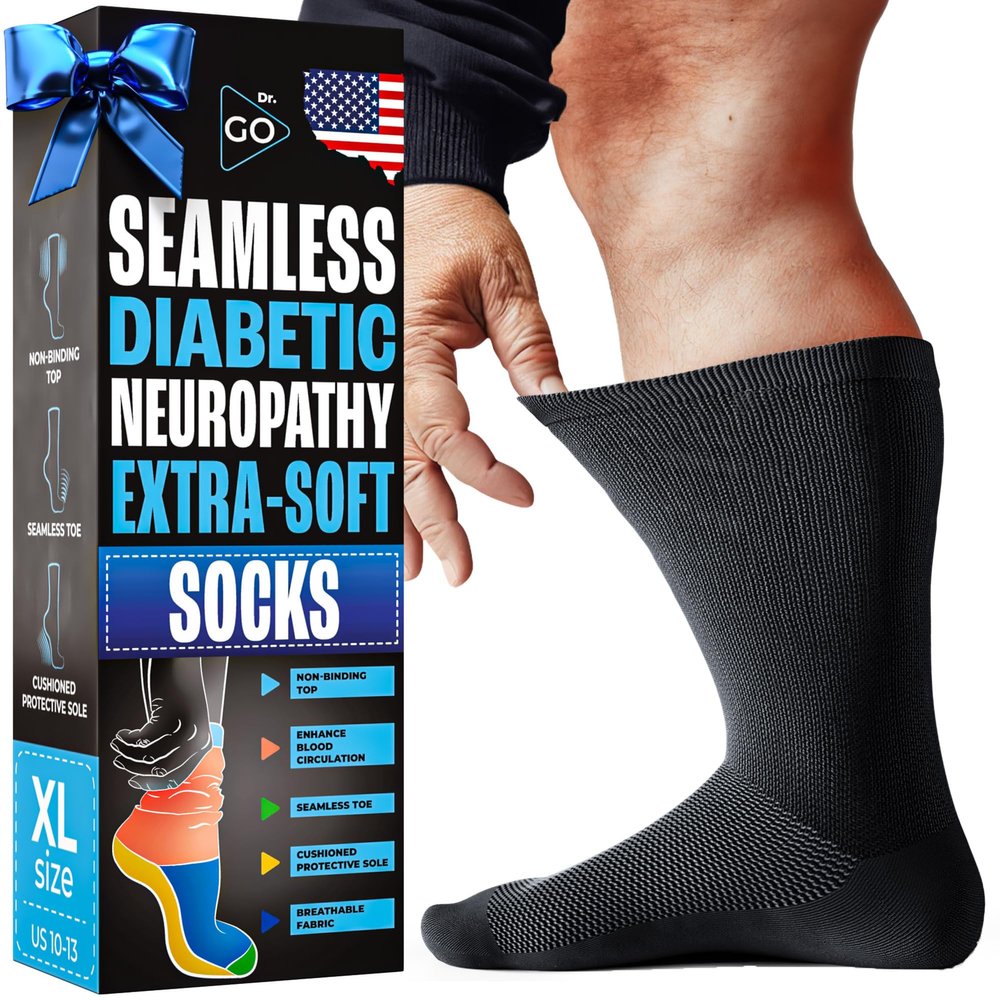 DR. GO Neuropathy Socks for Men [100% Seamless] Diabetic Socks with Non-Binding Top, Enhance Blood Circulation, Cushioned Protective Sole for Diabetic Foot, 4 Pairs in Black, Size 9-12 Crew Black