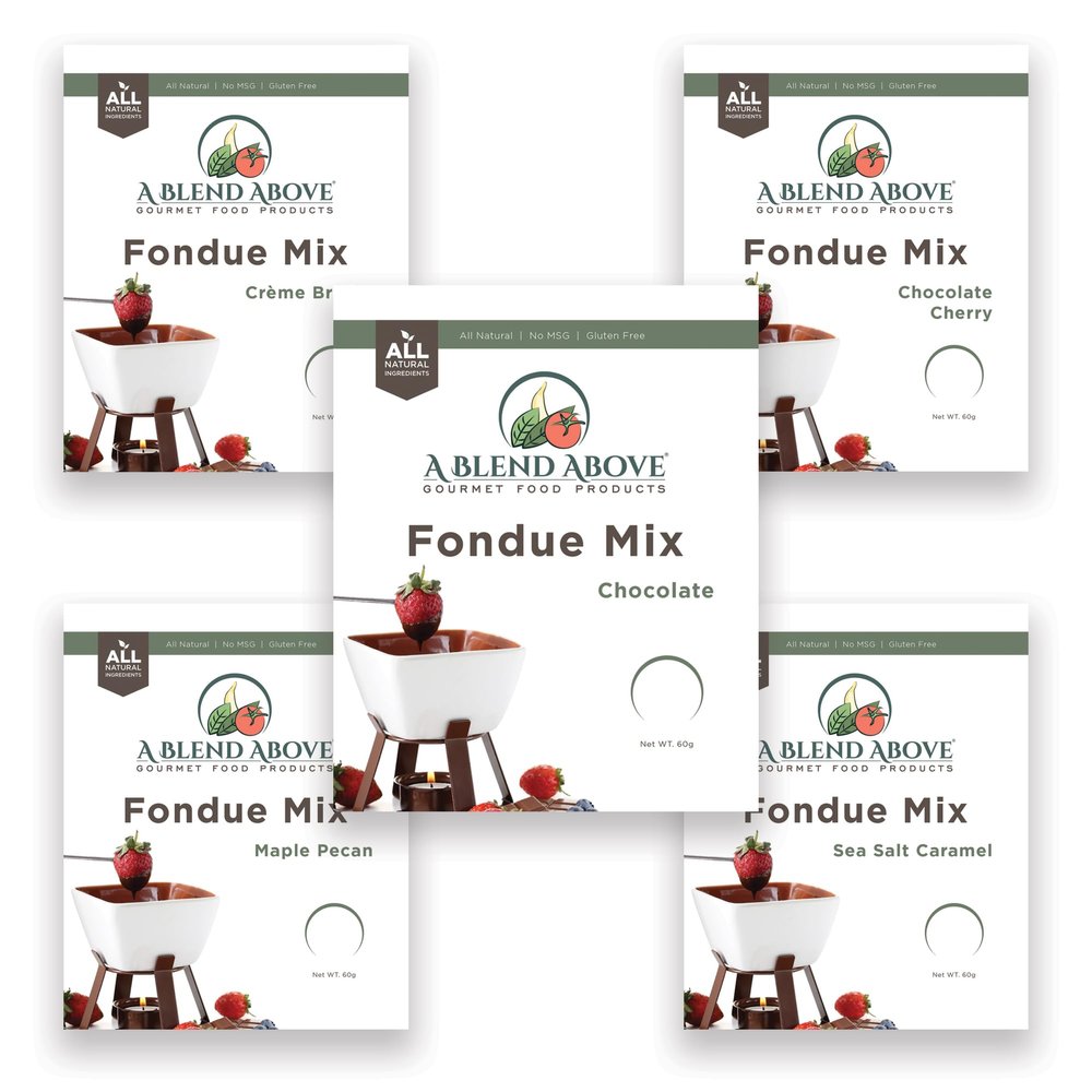 A Blend Above Fondue Mix - Creme Brulee, Sea Salt Caramel, Maple Pecan, Chocolate Cherry, and Chocolate, 2.12 ounces, All Natural Flavor, No MSG, Gluten-Free. No Preservatives, Easy to Make, Fruit Dip, Premium Fondue Dipping, Perfect for Dessert