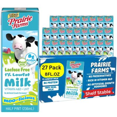 Prairie Farms Lactose Free Milk, Shelf Stable 1% Low Fat Milk Boxes Vitamin D, Gluten Free, Ultra Pasteurized (UHT), Kosher - 8oz. (27 Pack)