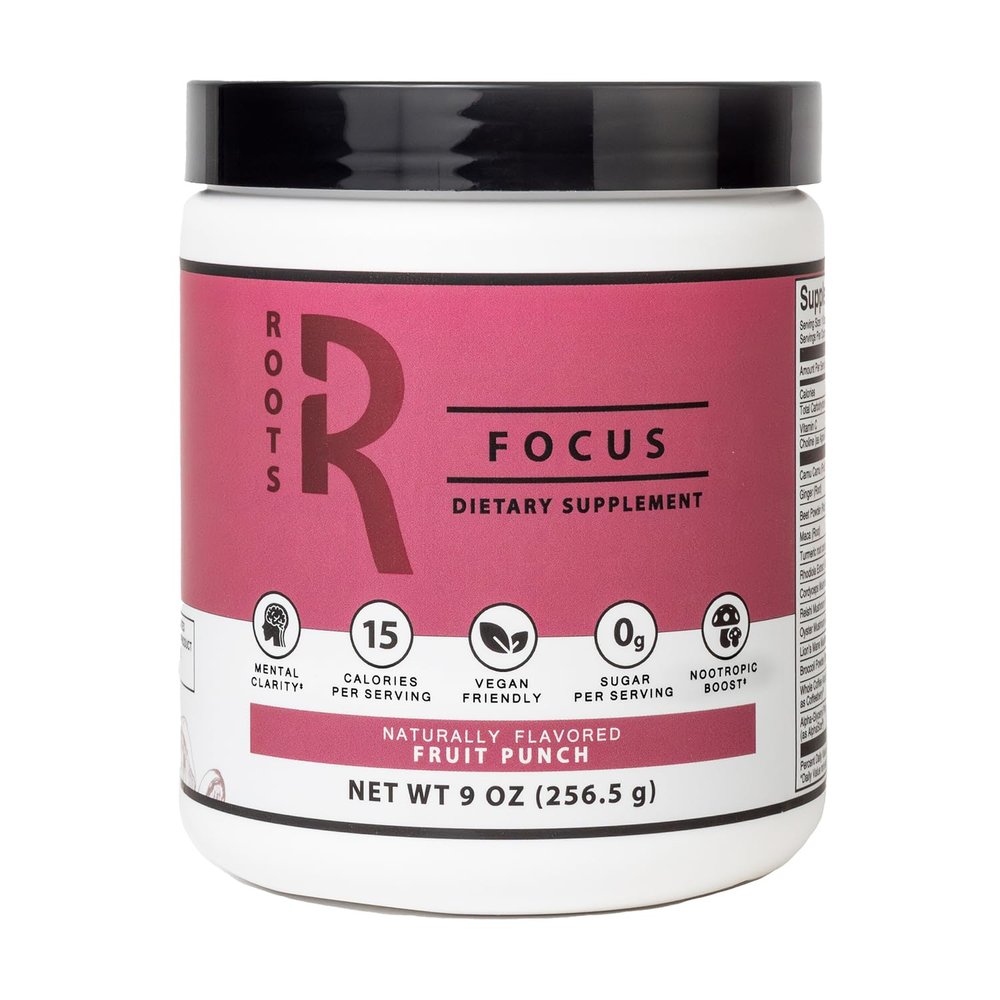 Roots Focus Brain Supplement - Nootropic Mushroom Supplement Powder for Memory, Focus, Energy - Lion's Mane, Cordyceps, and Reishi Mushrooms with Caffeine - Fruit Punch, 9oz Tub (50 Servings)