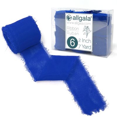 Allgala 6 Roll 2" x7yd Blue Color Handmade Rustic Fringe Frayed Chiffon Ribbon for Bridal Wedding Gift Packing, Flower Bouquet Arrangement Wrapping DIY Craft