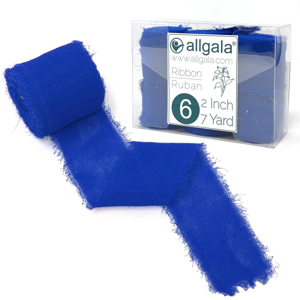 Allgala 6 Roll 2" x7yd Blue Color Handmade Rustic Fringe Frayed Chiffon Ribbon for Bridal Wedding Gift Packing, Flower Bouquet Arrangement Wrapping DIY Craft