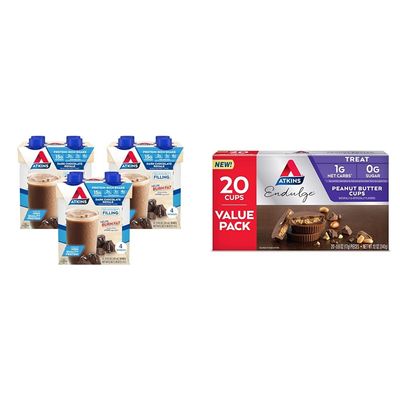 Atkins Dark Chocolate Royale Protein Shake, 15g Protein, Low Glycemic, 2g Net Carb, 1g Sugar, Keto Friendly, 12 Count & Endulge Peanut Butter Cups, Dessert Favorite, Low Carb, 0g Sugar, 20 Count