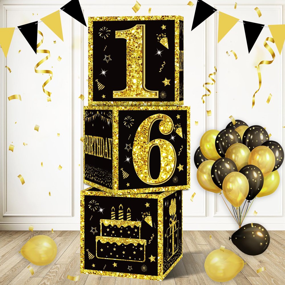 Eiurteao 3pcs 16th Birthday Decorations Boxes for Girls Boys, Black Gold Happy 16 Birthday Balloons Boxes Party Supplies, Sweet 16th Year Old Bday Theme Cardboard Box