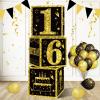 Eiurteao 3pcs 16th Birthday Decorations Boxes for Girls Boys, Black Gold Happy 16 Birthday Balloons Boxes Party Supplies, Sweet 16th Year Old Bday Theme Cardboard Box view 1