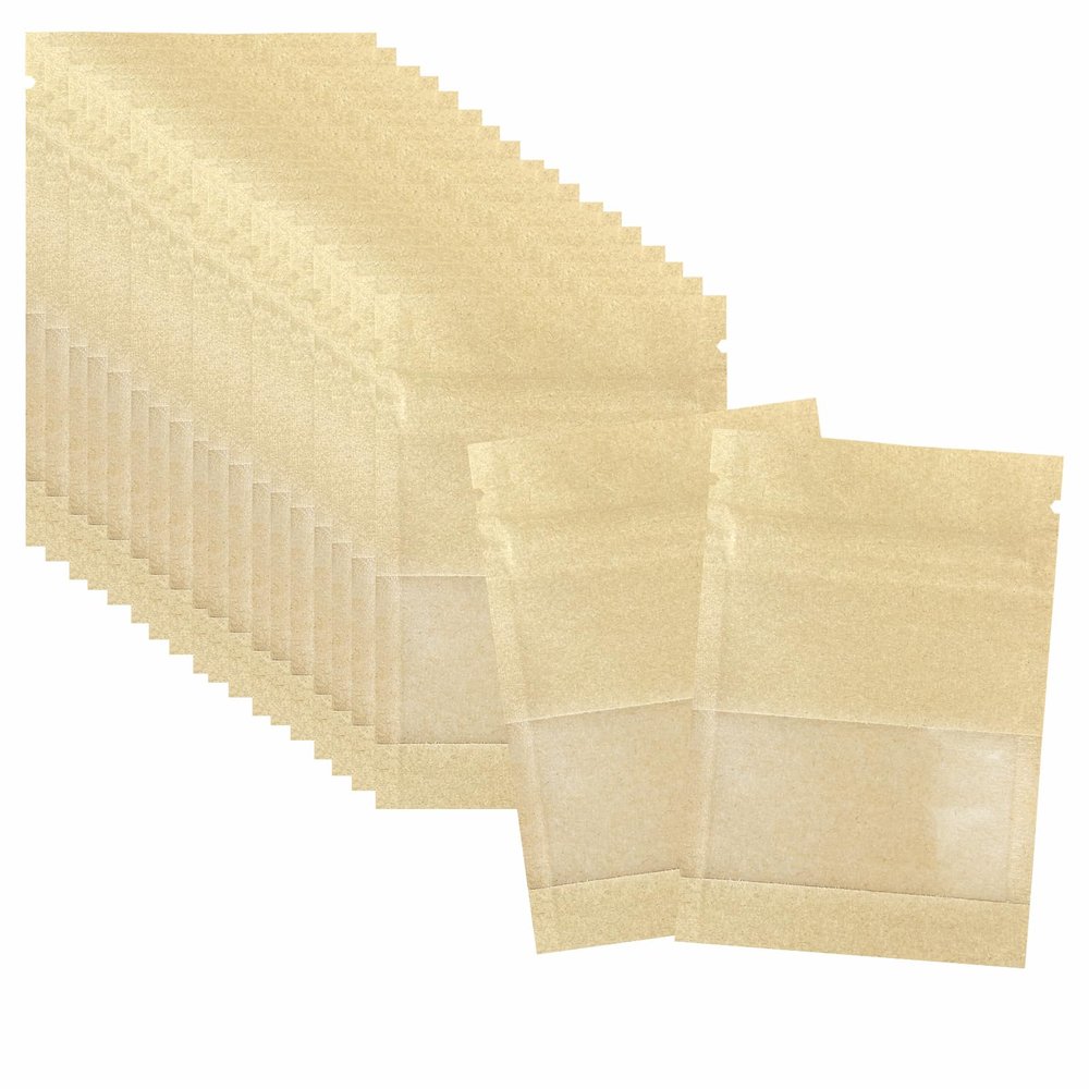 100 Pcs Clear Window Airtight Brown Kraft Paper for Zip Food Storage Lock Small business for Samples Bags Reclosable Seal Zipper Resealable Heat Seal Pouch Coffee Packaging 3.5x5.1inch