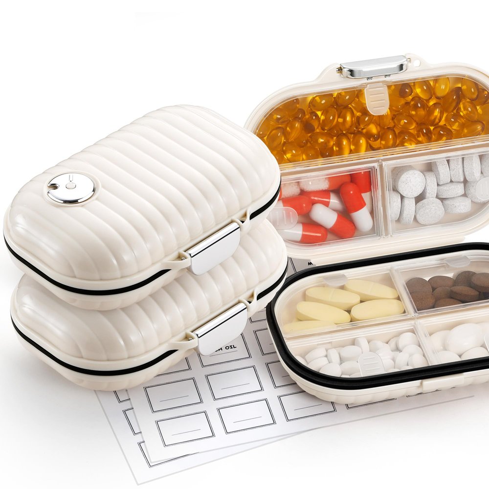 [2 Pack] Zannaki Pill Case Portable Small Weekly Travel Pill Organizer, Cute Moisture Proof Pill Box Holder for Purse, Daily Mini Pocket Pharmacy Medicine Container for Vitamin, Fish Oil, Supplement