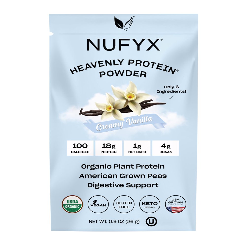 NUFYX  Heavenly Protein Powder  Worlds Finest 100% Organic American Grown Peas  Vegan  Gluten Free  Low Carb (Creamy Vanilla, Packet)