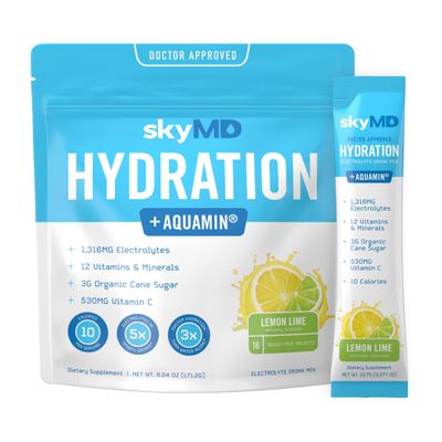 SkyMD Daily Hydration | Electrolytes Powder Packets | Low Sugar, Sodium, 10 Calories | 12 Vitamins & Minerals | Drink Mix for Energy and Recovery | Lemon Lime | 16 Sticks