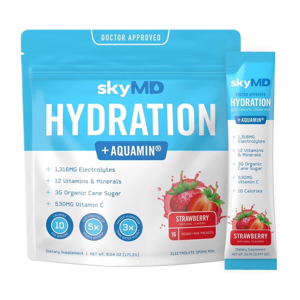 skyMD Daily Hydration | Electrolytes Powder Packets | Low Sugar, 10 Calories | 12 Vitamins & Minerals, Sodium | Drink Mix for Energy and Recovery | Strawberry | 16 Sticks
