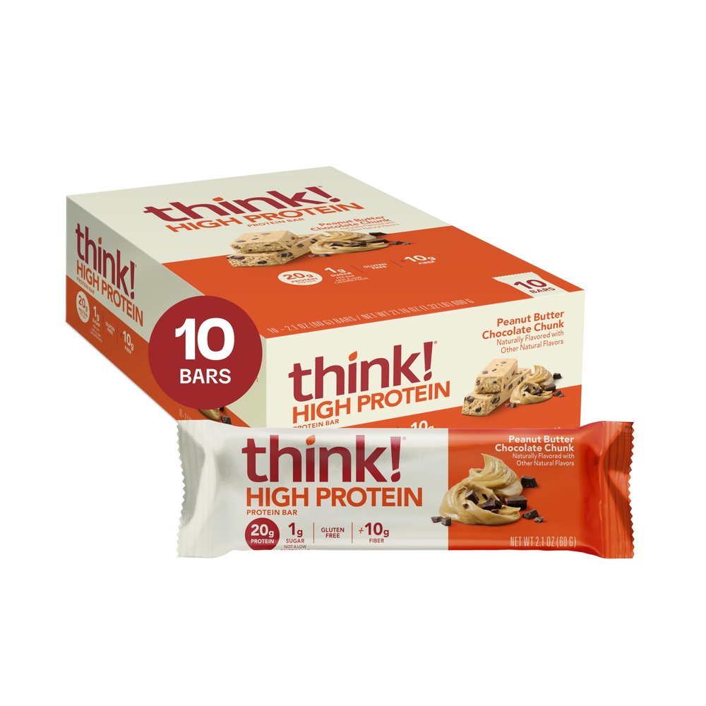 think! Protein Bars, High Protein Snacks, Gluten Free, High Fiber, Peanut Butter Chocolate Chunk, 10 Count