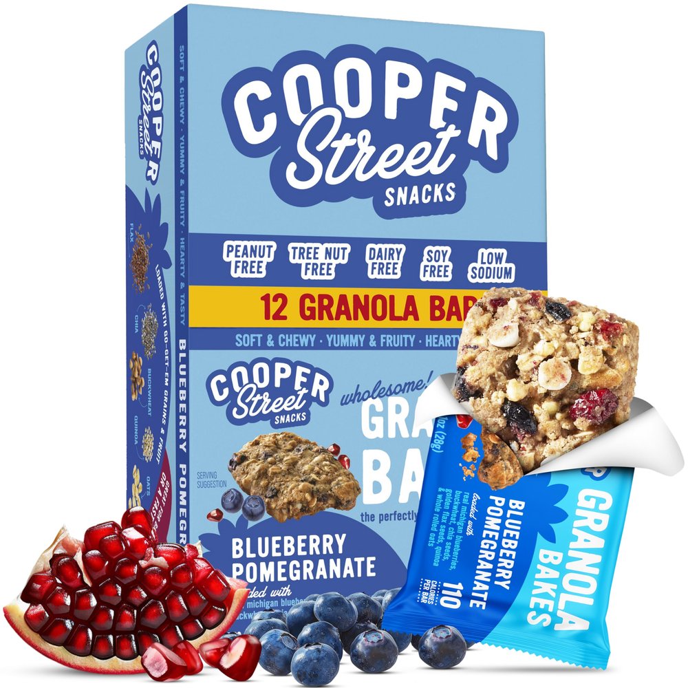 Cooper Street Blueberry Pomegranate Granola Bakes (12 bars) - Individually Wrapped Soft and Chewy Breakfast Granola Bars - Nut, Dairy & Soy Free - Great As Kids Snacks For School, Hiking Or Lunchbreak