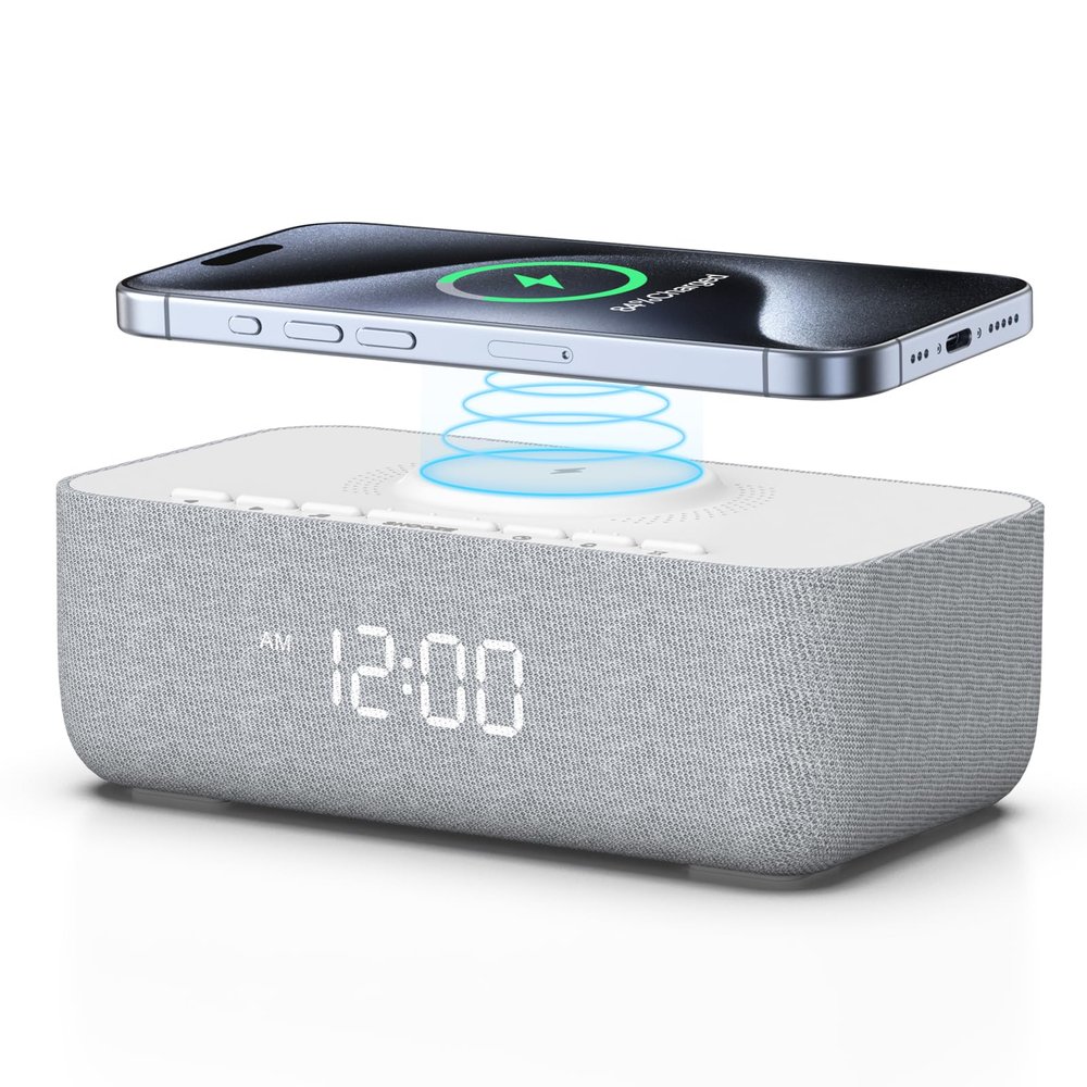 REACHER 15W Fast Wireless Charging Alarm Clock with White Noise Machine 20 High-Fidelity Sleep Sounds Gradual Wake & Unlimited Snooze 0100% Dimmable Digital Clock for Bedroom & Office