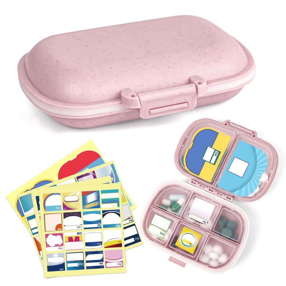 1Pack Travel Pill Organizer & 56 Medicine Name Stickers, 8 Compartments Portable Pill Case, Small Pill Box for Pocket Purse Portable Medicine Vitamin Container (Pink with Stickers)