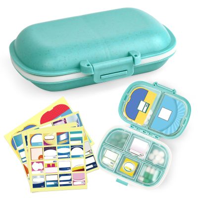 1Pack Travel Pill Organizer & 56 Medicine Name Stickers, 8 Compartments Portable Pill Case, Small Pill Box for Pocket Purse Portable Medicine Vitamin Container with Stickers (Blue with Stickers)