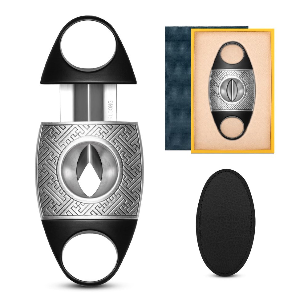 Demcigar Cigar Cutter V-Cut, Stainless Steel Cut Blade Carving Cigar Guillotine V Shape Cigar Cutter with Gift Box(Silver+Black)