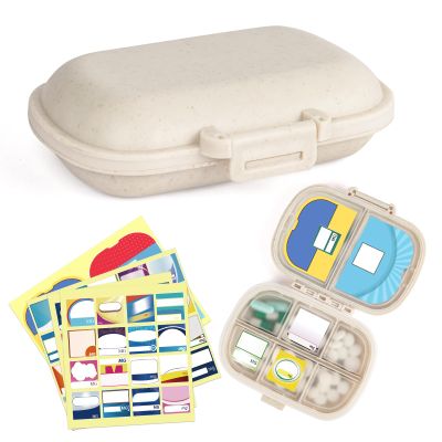 1Pack Travel Pill Organizer & 56 Medicine Name Stickers, 8 Compartments Portable Pill Case, Small Pill Box for Pocket Purse Portable Medicine Vitamin Container (Beige with Stickers)