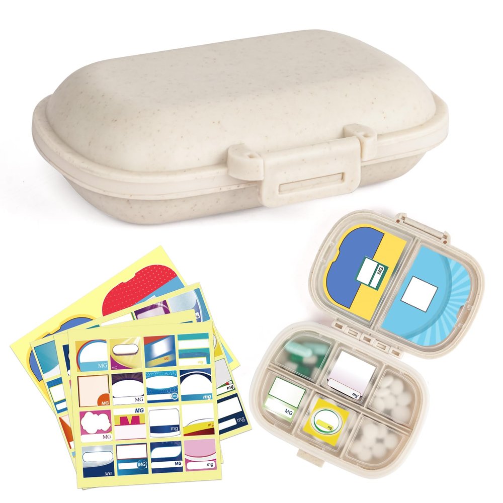 1Pack Travel Pill Organizer & 56 Medicine Name Stickers, 8 Compartments Portable Pill Case, Small Pill Box for Pocket Purse Portable Medicine Vitamin Container (Beige with Stickers)