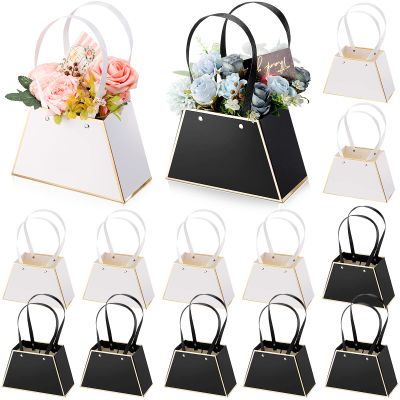 Fuutreo 12 Pcs Valentine's Day Flower Gift Bags for Bouquets Portable Craft Flower Arrangement Boxes with Handle Waterproof Bouquet Florist Packaging Wrap for Wedding Birthday Graduation(Black, White)