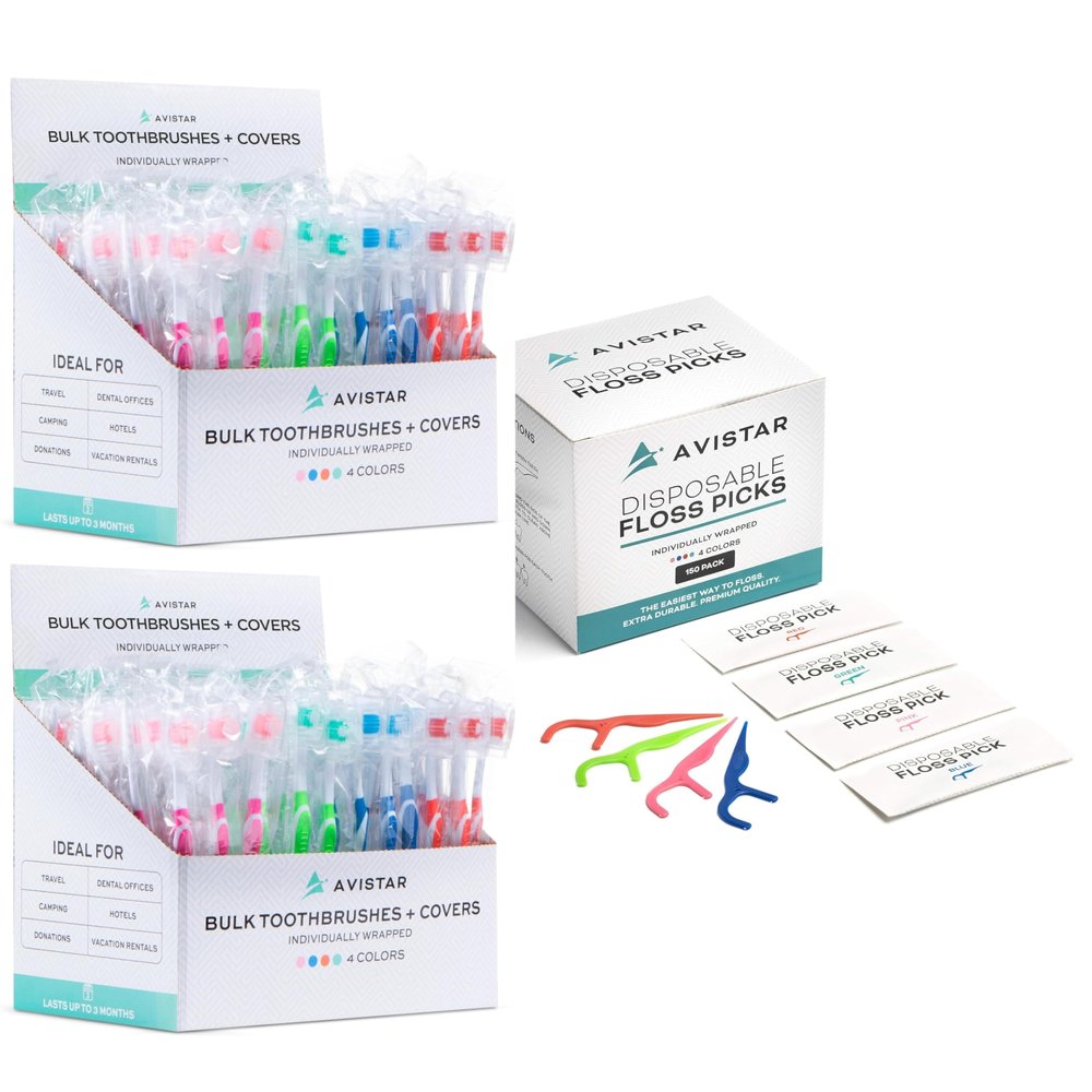 Avistar Dental Hygiene Essentials Pack - 208 Medium-Soft Bulk Toothbrushes with Cover Caps & 450 Travel Floss Picks - 4 Colors - Individually Wrapped Convenient Oral Hygiene Kit