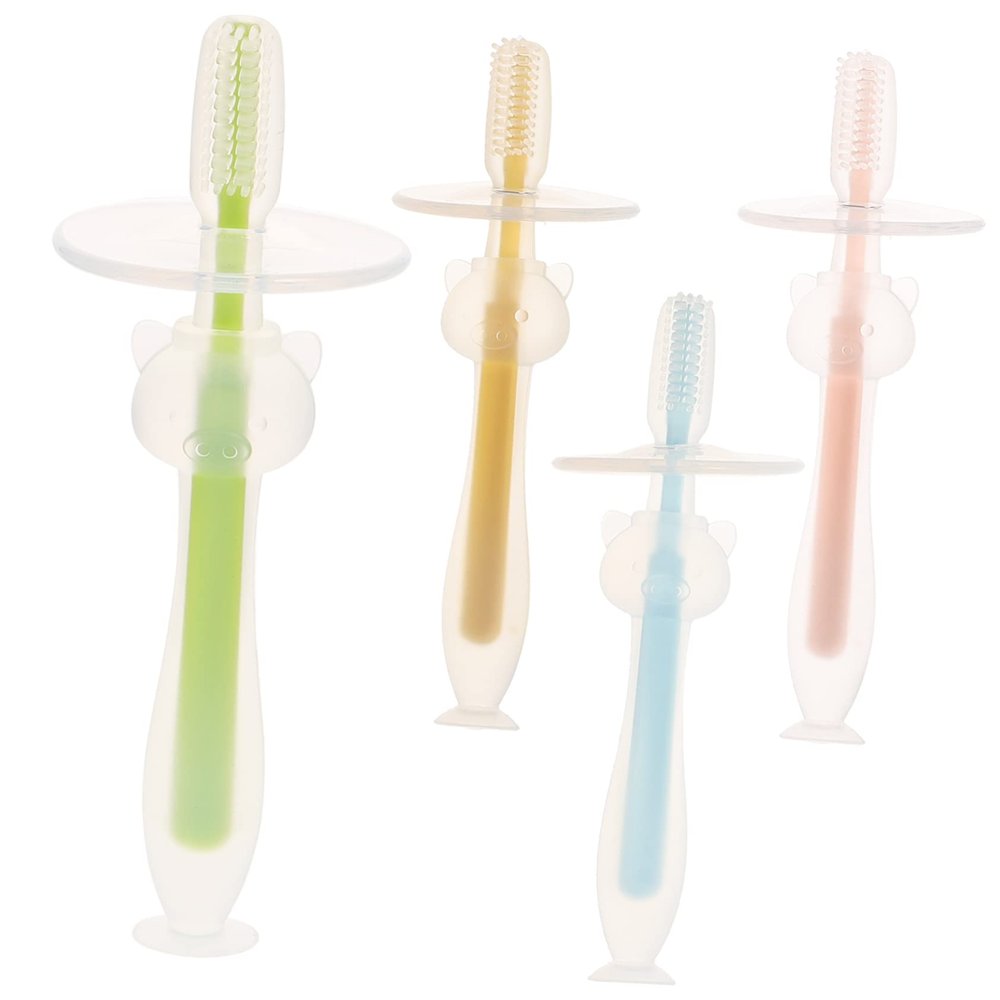 Ipetboom 4pcs Boy Girl Toothbrush Months and up Silicone Brush Suction Base Teething Gear for Boy Girl