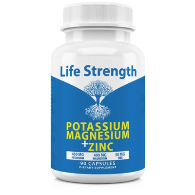 Life Strength Magnesium Potassium Supplements + Zinc 90 Capsules for Vascular Health  High Absorption Vegan, Natural ingredients Supplement for Leg Cramps and Sleep