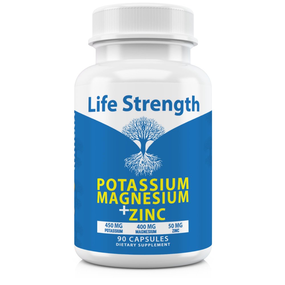 Life Strength Magnesium Potassium Supplements + Zinc 90 Capsules for Vascular Health  High Absorption Vegan, Natural ingredients Supplement for Leg Cramps and Sleep