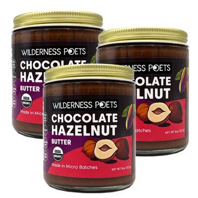 Wilderness Poets, Organic Chocolate Hazelnut Butter - 8 Ounce (Pack of 3) - No Palm Oil - Simple Ingredients - 70% Hazelnuts, 30% Dark Chocolate Sweetened with Organic Coconut Sugar - Glass Jars