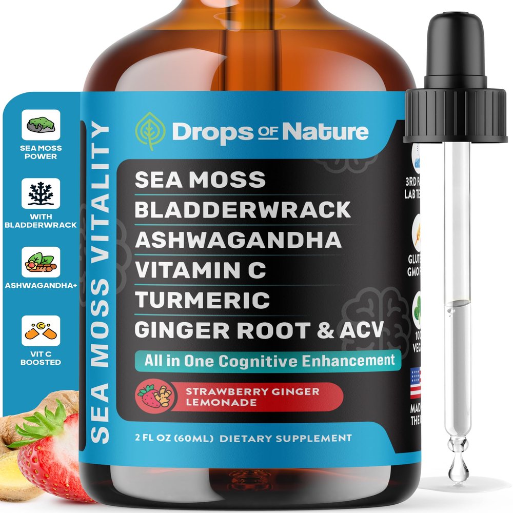 Ashwagandha & Turmeric Liquid Drops - Vitamin C, Sea Moss, Apple Cider Vinegar, Bladderwrack - Vegan Liquid Drops for Comprehensive Wellness Support & Vital Immunity (Strawberry Ginger Lemonade, 60mL)