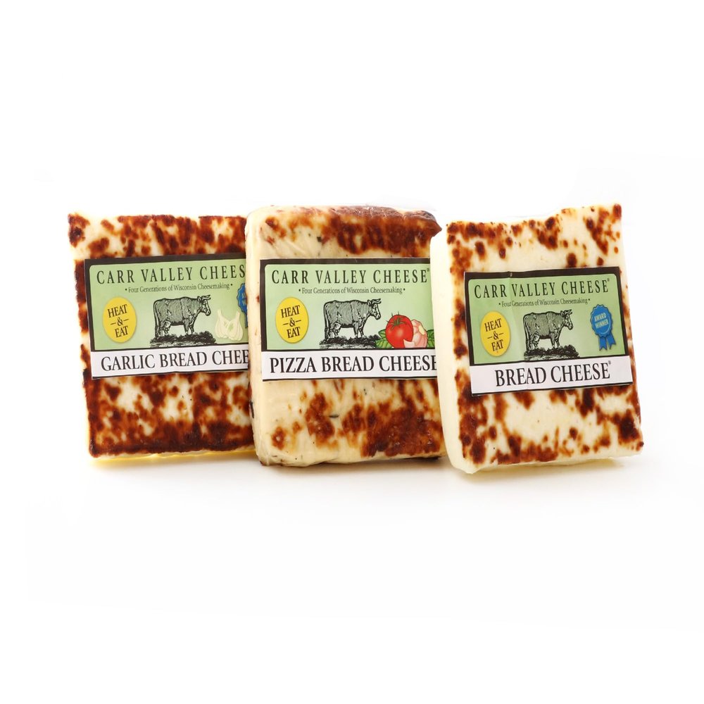 Carr Valley Bread Cheese Collection 3-Pack | Original, Pizza & Garlic | (3) 6 oz Pieces | Authentic Wisconsin Heat & Eat Grilling Cheese