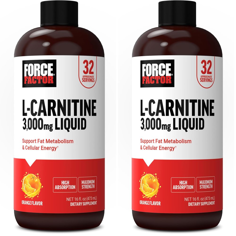Force Factor L Carnitine Supplement, Liquid L-Carnitine 3000 mg to Help Turn Fat Into Energy, Support Muscle Recovery, and Boost Cellular Energy, Maximum Strength, Non-GMO, Orange Flavor, 16 Oz.
